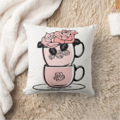 ピンクのティーカップと花の装飾用クッション クッション (ブランケット)