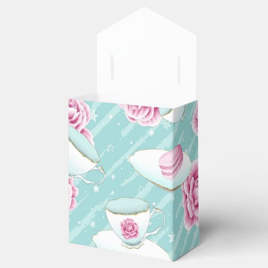 ピンクのティーカップの花とマカロンを持つターコイズ フェイバーボックス (オープン)