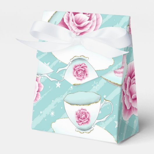ピンクのティーカップの花とマカロンを持つターコイズ フェイバーボックス (正面サイド)