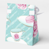 ピンクのティーカップの花とマカロンを持つターコイズ フェイバーボックス (裏面サイド)
