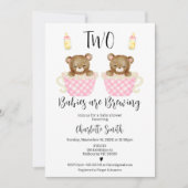 ピンクのティーカップツインツインズ2ベビー醸造ベビーシャワー 招待状 (正面)