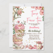 ピンクのティーパーティー タイム フォー ティー バースデー 招待状 (正面)