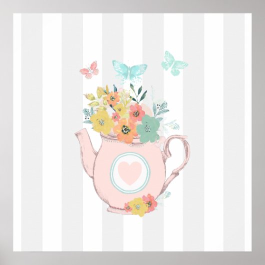 ピンクのティーポットと花&蝶グレーストライプ ポスター (正面)