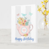 ピンクのティーポットと花&蝶誕生日 カード (黄色い花)