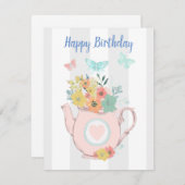 ピンクのティーポットと花&蝶誕生日 シーズンカード (正面/裏面)