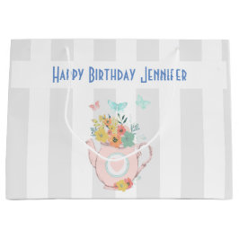 ピンクのティーポットと花&蝶誕生日 ラージペーパーバッグ