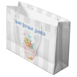ピンクのティーポットと花&蝶誕生日 ラージペーパーバッグ