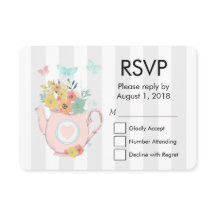 ピンクのティーポットと花&蝶RSVP