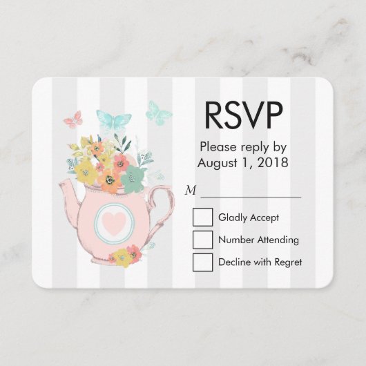 ピンクのティーポットと花&蝶RSVP 出欠カード (正面)