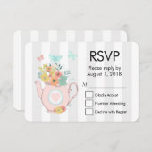 ピンクのティーポットと花&蝶RSVP 出欠カード (正面/裏面)