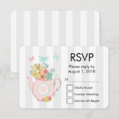 ピンクのティーポットと花&蝶RSVP 出欠カード (正面/裏面)