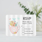 ピンクのティーポットと花&蝶RSVP 出欠カード (スタンド正面)