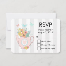 ピンクのティーポットと花&蝶RSVP 出欠カード