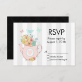 ピンクのティーポットと花&蝶RSVP 出欠カード (正面/裏面)