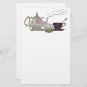 ピンクのティーポット、ティーカップおよびカップケーキの芸術 便箋 (正面/裏面)