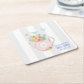 ピンクのティーポット(花と蝶のパーティー) スクエアペーパーコースター (アングル)