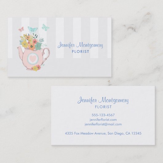 ピンクのティーポット(花と蝶のヴィンテージ) 名刺 (正面/裏面)