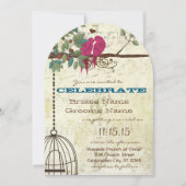 ピンクのティール（緑がかった色）が木に座る鳥を愛結婚する 招待状 (正面)