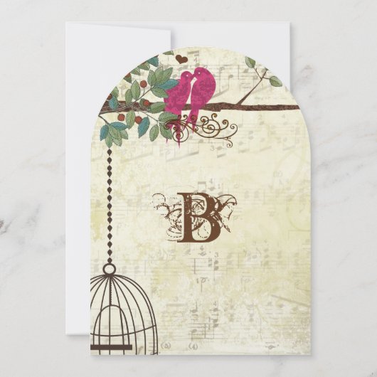 ピンクのティール（緑がかった色）が木に座る鳥を愛結婚する 招待状 (裏面)