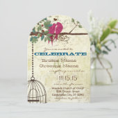 ピンクのティール（緑がかった色）が木に座る鳥を愛結婚する 招待状 (スタンド正面)