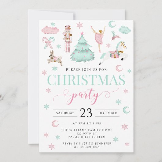 ピンクのティール(緑がかった色)のくるみ割りバレエキャンディのクリスマスパーティー シーズンカード (正面)