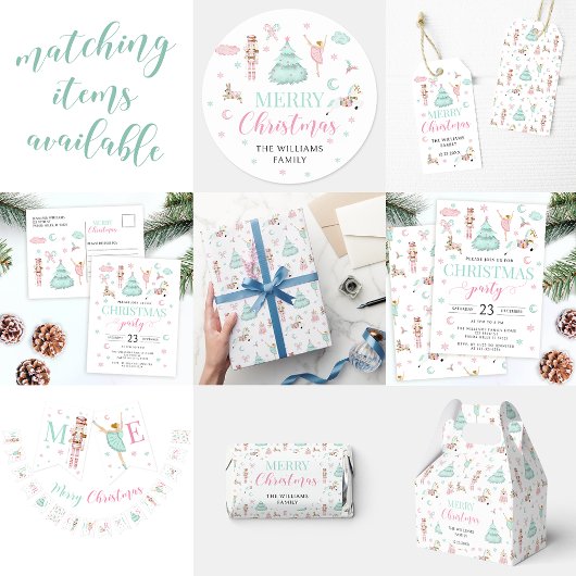 ピンクのティール（緑がかった色）のくるみ割りバレエキャンディのクリスマスパーティー シーズンポストカード