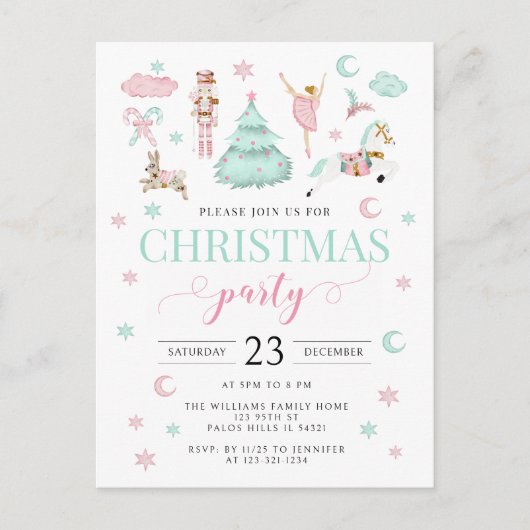 ピンクのティール(緑がかった色)のくるみ割りバレエキャンディのクリスマスパーティー シーズンポストカード (正面)