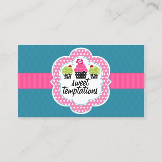 ピンクのティール（緑がかった色）のカップケーキのベーカリー 名刺 (正面)