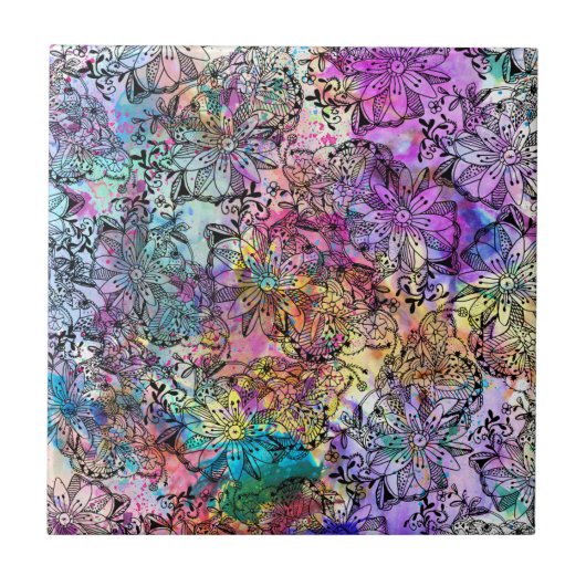 ピンクのティール(緑がかった色)の水彩画の手塗りのもつれの花柄 タイル (正面)