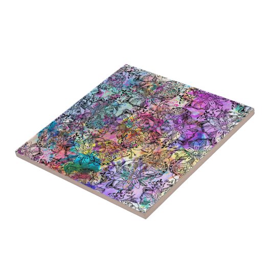 ピンクのティール(緑がかった色)の水彩画の手塗りのもつれの花柄 タイル (側面)