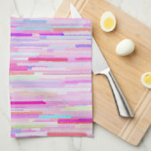 ピンクのティール(緑がかった色)の水彩画の抽象芸術のストライプなパターン キッチンタオル (四つ折り)