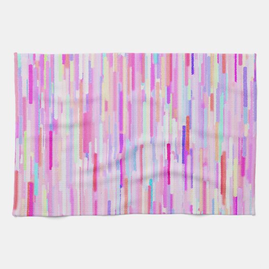 ピンクのティール(緑がかった色)の水彩画の抽象芸術のストライプなパターン キッチンタオル (横)