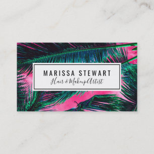 ピンクのティール(緑がかった色)の熱帯夏のヤシの木の葉状体 名刺