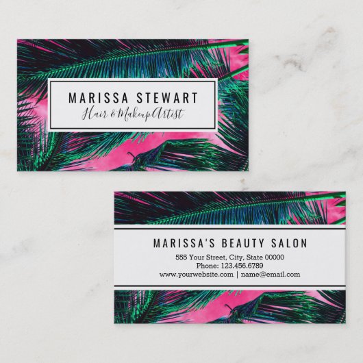 ピンクのティール(緑がかった色)の熱帯夏のヤシの木の葉状体 名刺 (正面/裏面)