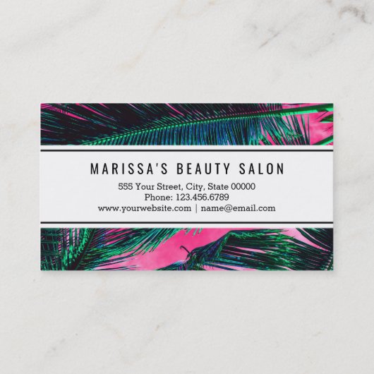 ピンクのティール(緑がかった色)の熱帯夏のヤシの木の葉状体 名刺 (裏面)