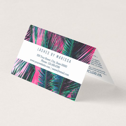 ピンクのティール(緑がかった色)の熱帯夏のヤシの木の葉状体 名刺 (裏面)