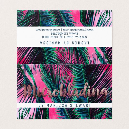 ピンクのティール(緑がかった色)の熱帯夏のヤシの木の葉状体 名刺 (外部フラット)