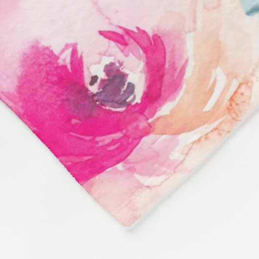 ピンクのティール（緑がかった色）の花の水彩画の夏毛布 フリースブランケット (角)