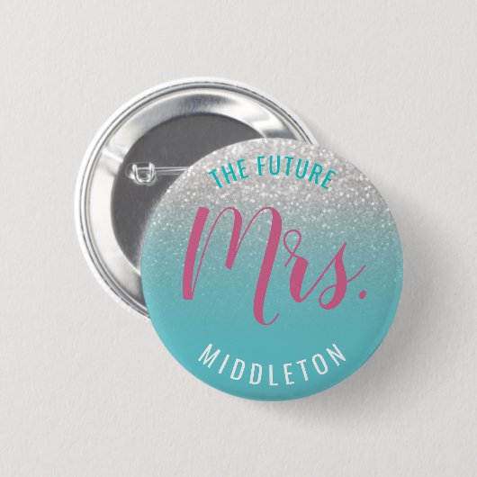 ピンクのティール（緑がかった色）の青の白いグリッター 缶バッジ (正面&裏面)