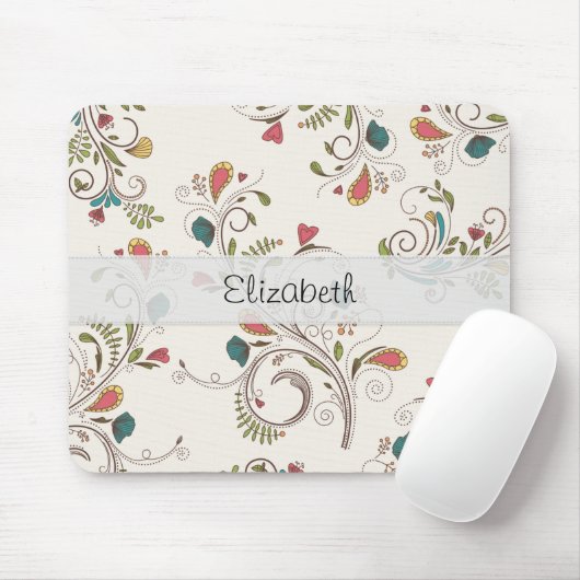 ピンクのティール(緑がかった色)の黄色の花の渦巻によってステッチされる子牛皮紙 マウスパッド (マウス)