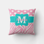 ピンクのティール(緑がかった色)はパーソナライズなシマウマに点を打ちます クッション (裏面)