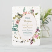 ピンクのティール（緑がかった色）フローラと金ゴールド楕円結婚フレーム 招待状 (スタンド正面)