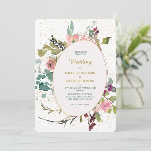 ピンクのティール（緑がかった色）フローラと金ゴールド楕円結婚フレーム 招待状 (スタンド正面)