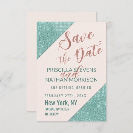 ピンクのティール(緑がかった色)ブルーフェイクグリッターのシーケンス日付の保存 セーブザデート (正面/裏面)