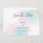 ピンクのティール（緑がかった色）水色金ゴールド結婚式の日付を保存 ポストカード (正面/裏面)