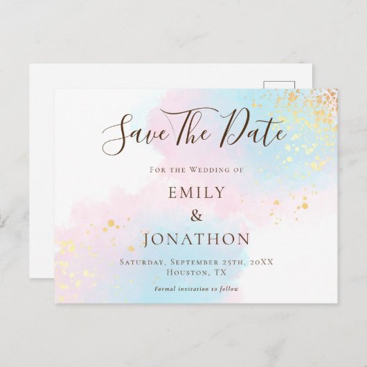 ピンクのティール（緑がかった色）水色金ゴールド結婚式の日付を保存 ポストカード (正面/裏面)