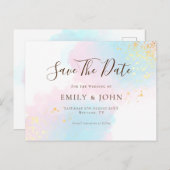 ピンクのティール(緑がかった色)水色金ゴールド結婚式の日付を保存 ポストカード (正面/裏面)