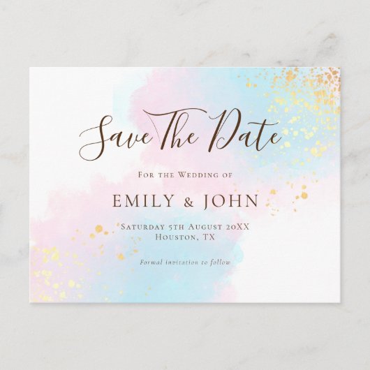 ピンクのティール(緑がかった色)水色金ゴールド結婚式の日付を保存 ポストカード (正面)