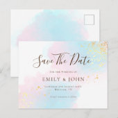 ピンクのティール（緑がかった色）水色金ゴールド結婚式の日付を保存 ポストカード (正面/裏面)