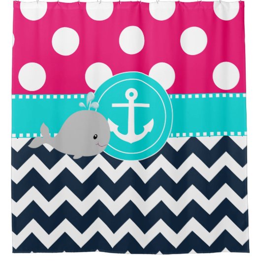 ピンクのティール(緑がかった色)海軍クジラ シャワーカーテン (正面)